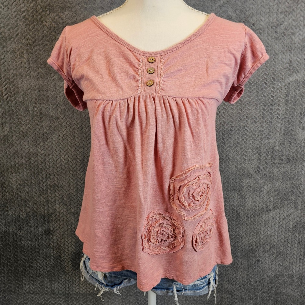 Womens XL Boho Dusty Rose Pink Empire Waist Henley Top Lace Floral Slub Knit